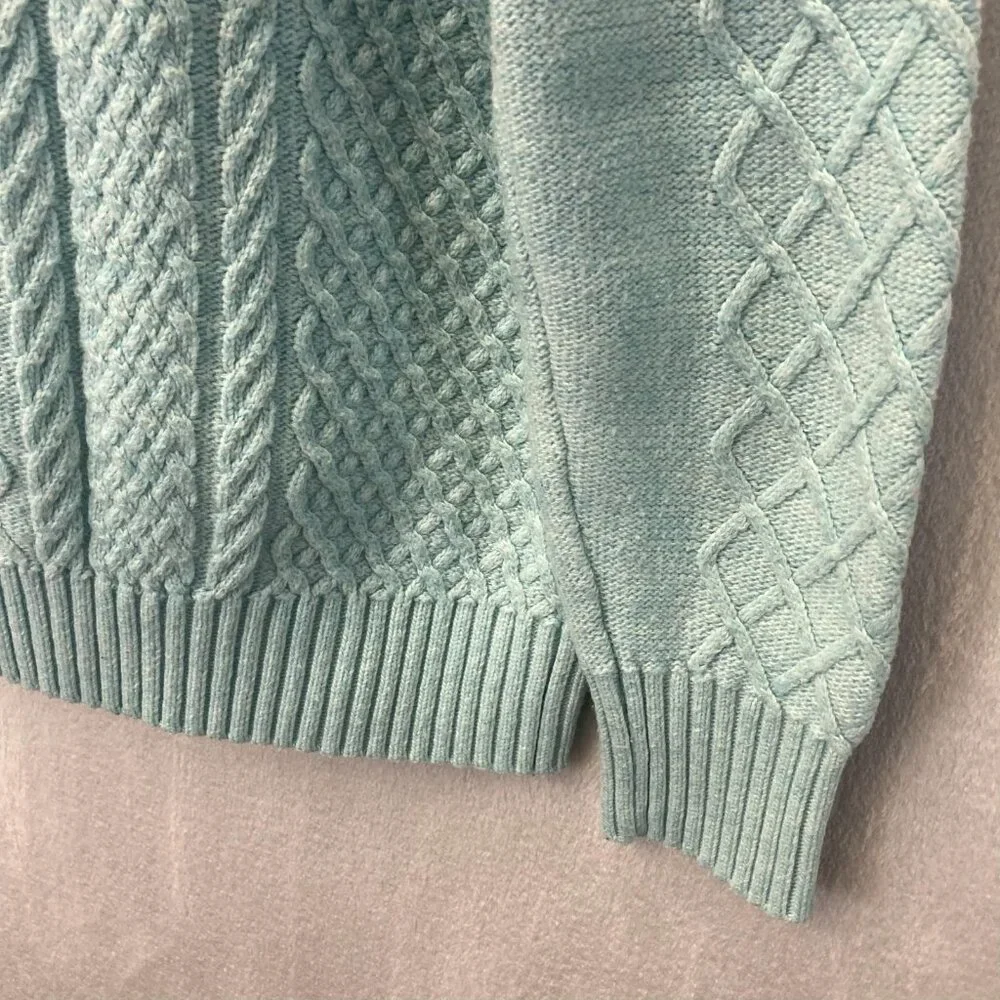 Talbots Cable Knit Sweater Womens Petite Large PL‎ Aqua Blue Buttons Old Money